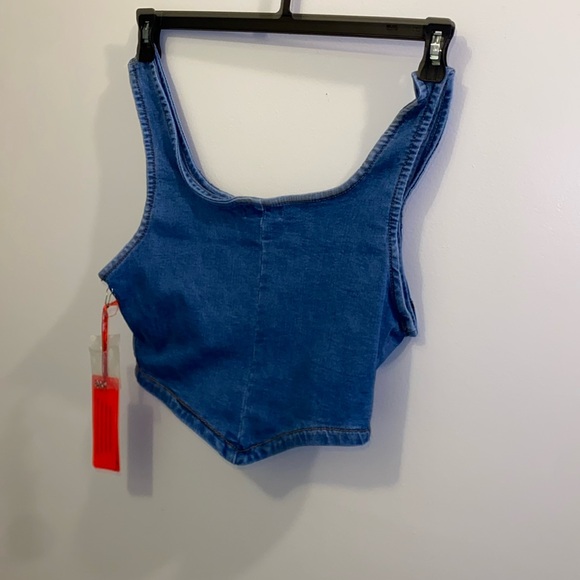 Hook and Eye Closure Denim Crop Top - Medium Wash, Sz. XL - Picture 3 of 6